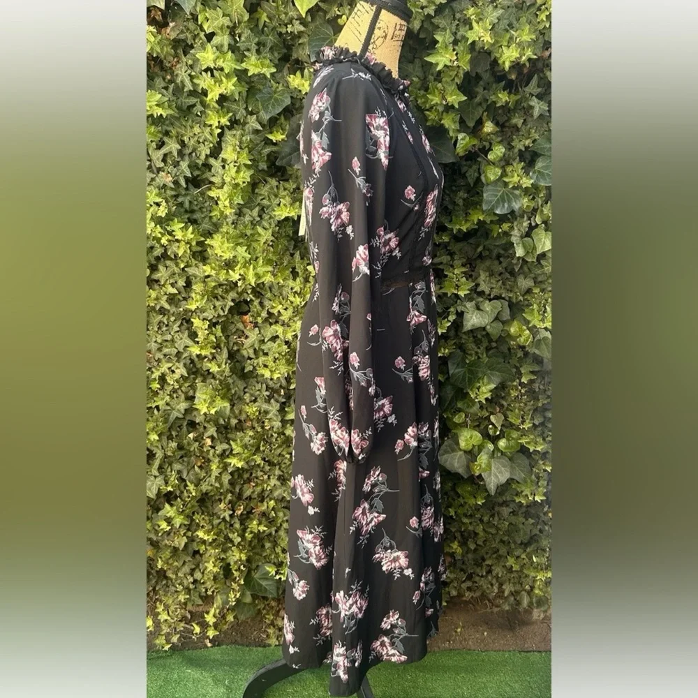 June & Hudson Black Maxi Dress Whimsigoth Boho Goth Floral Ruffles Lace Velvet - Picture 12 of 13